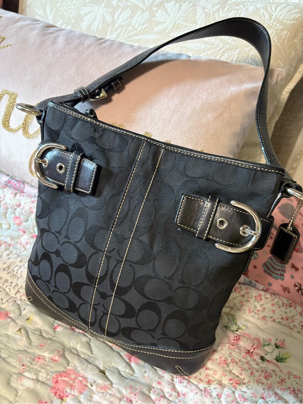Coach Black Signature Canvas Shoulder Bag with Buckle Accents